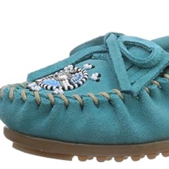 Minnetonka Beaded Moccasin Shoes Suede Turquoise Size 8 - Picture 6 of 13